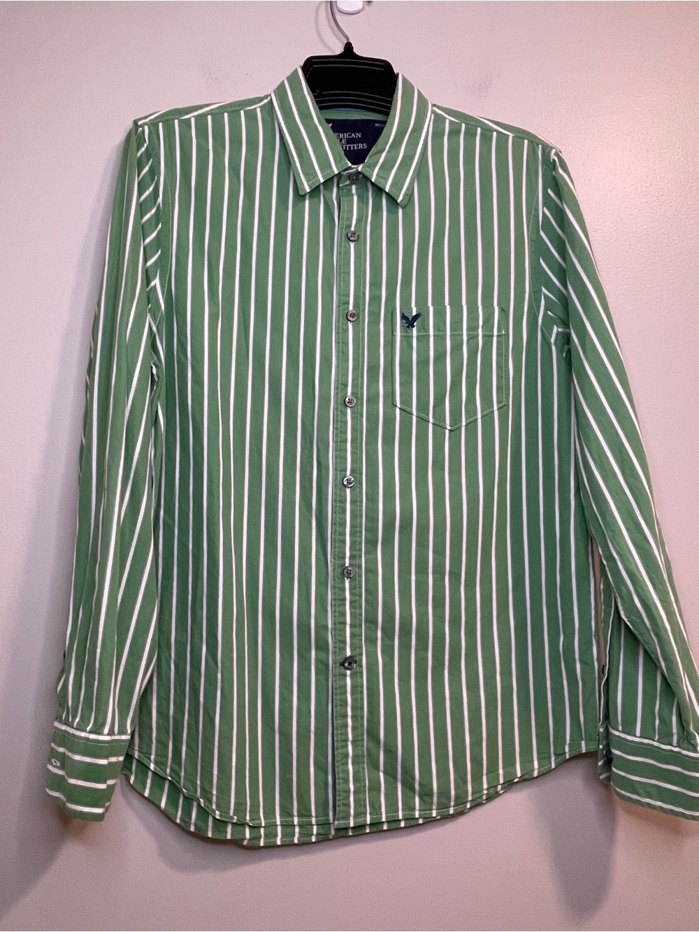 American Eagle Outfitters Green and White Striped Button-Down Shirt
